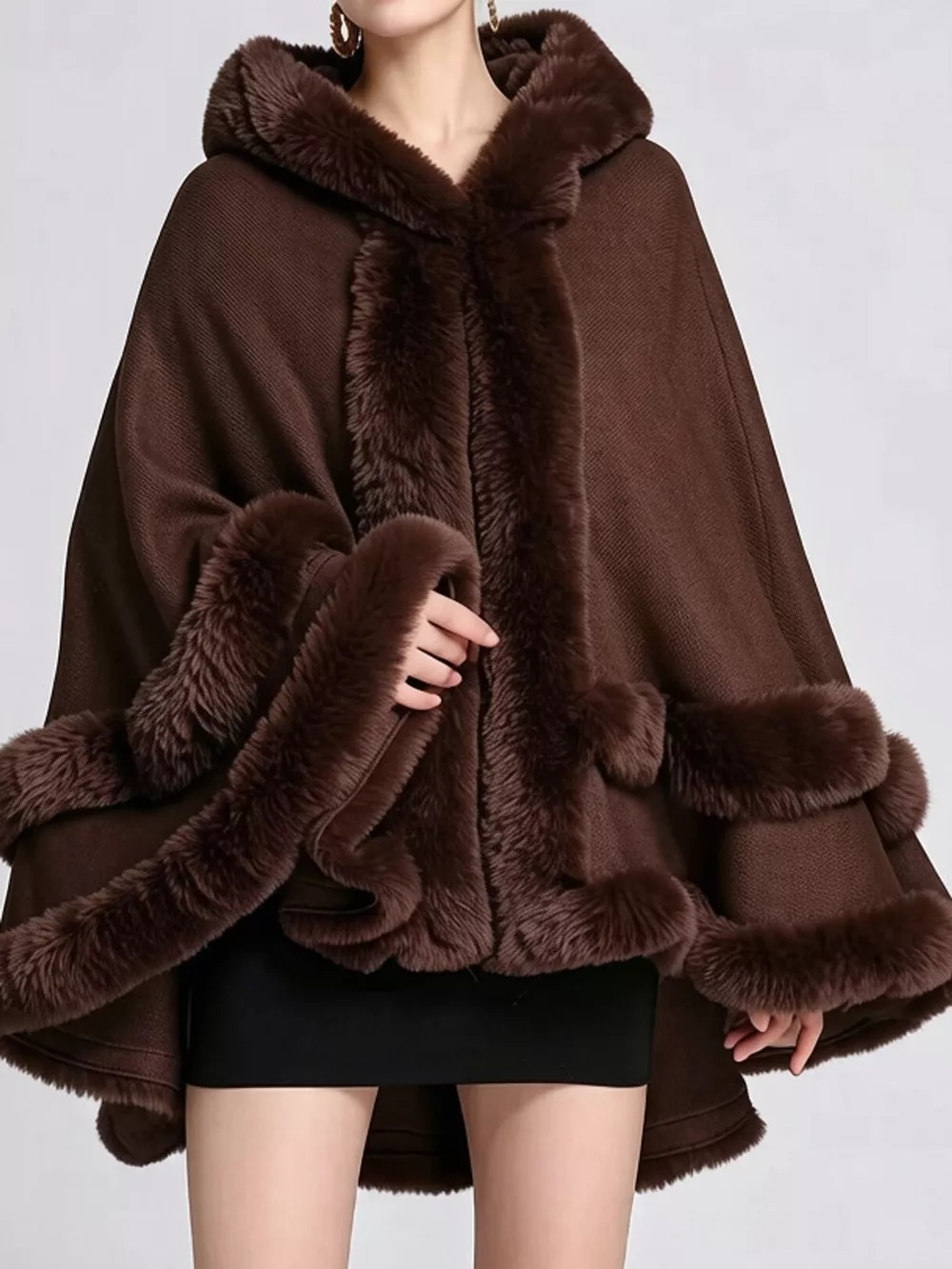 Faux Fur Trimmed Hooded Cape, image 54