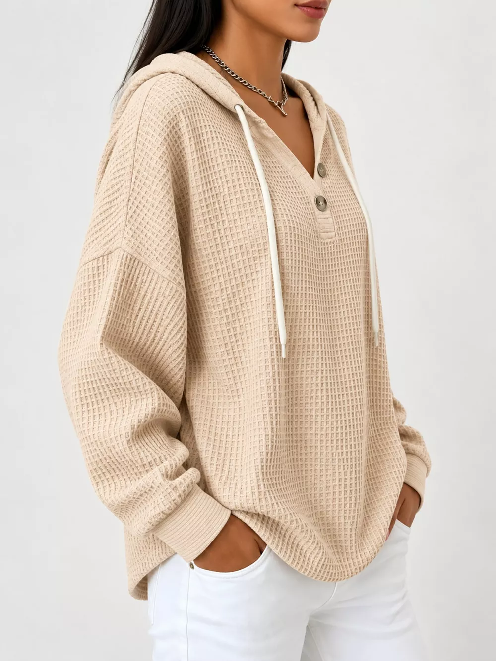 Full Size Waffle Knit Button Detail Hoodie Plus Size, image 51