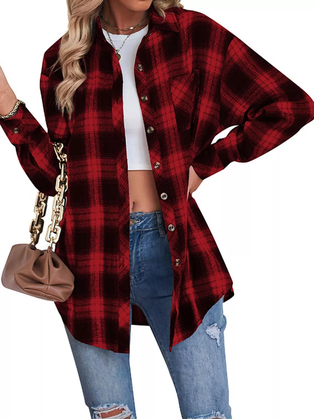 Plaid Button-Down Oversized Shirt, image 9