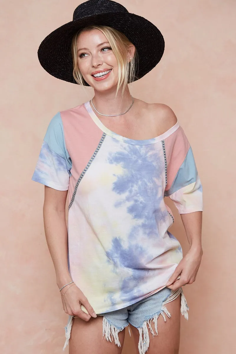Tie Dye Printed Cotton Color Block T-Shirt, image 17