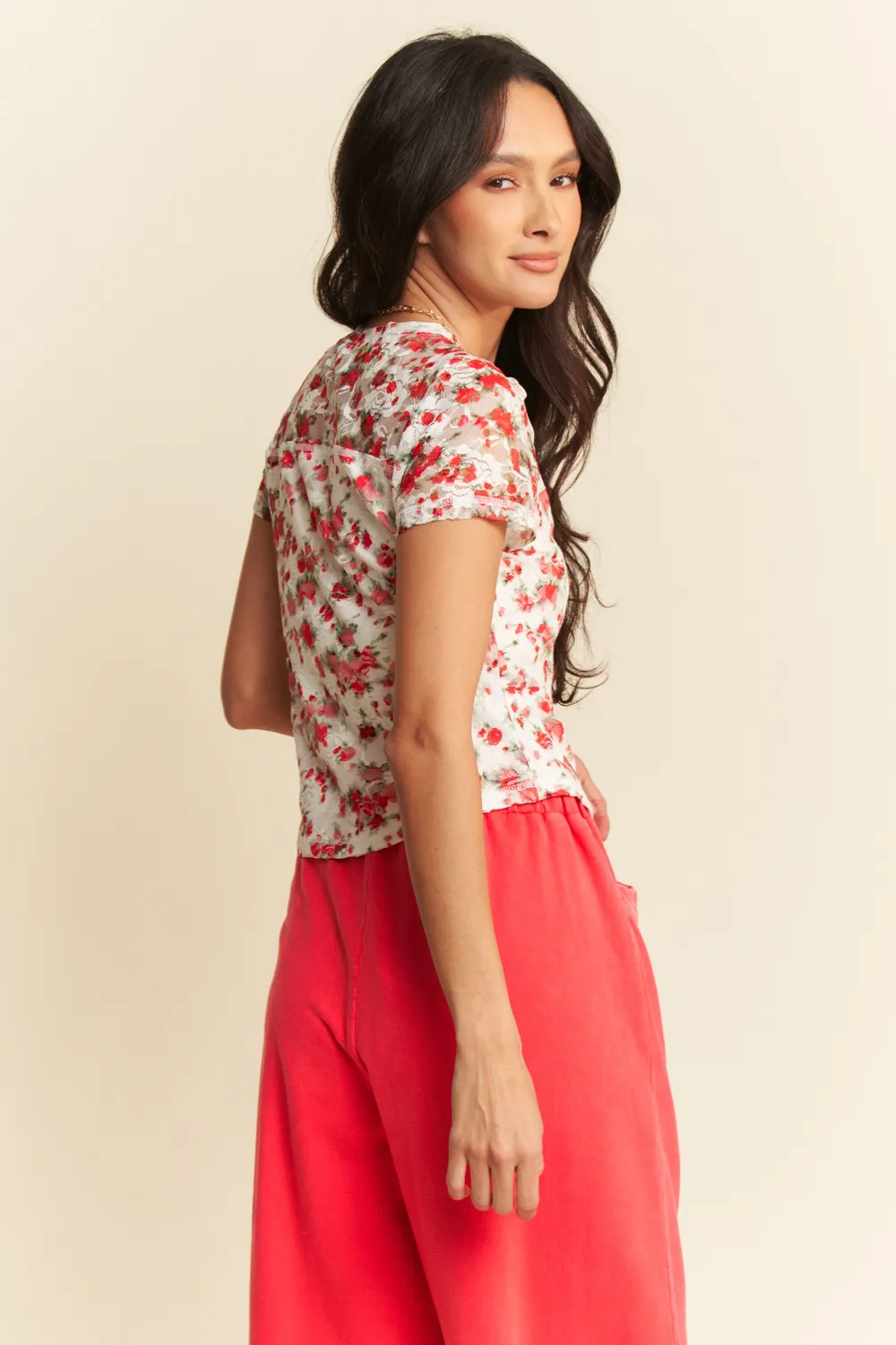 Ribbon Short Sleeve Layered Mesh Top, image 5