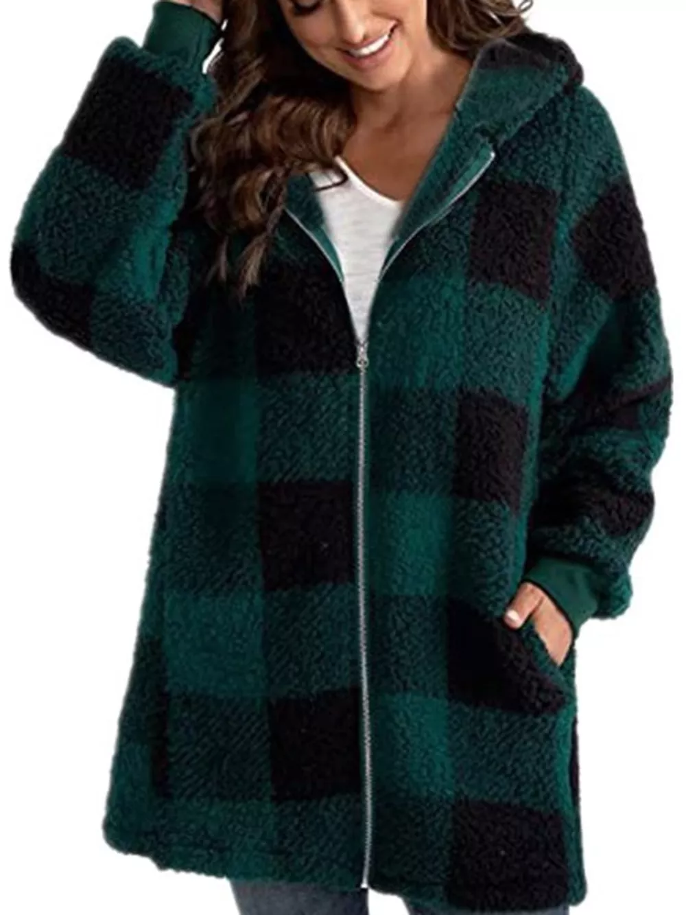 Full Size Plaid Sherpa Hooded Zip-Up Outerwear Plus Size, image 10