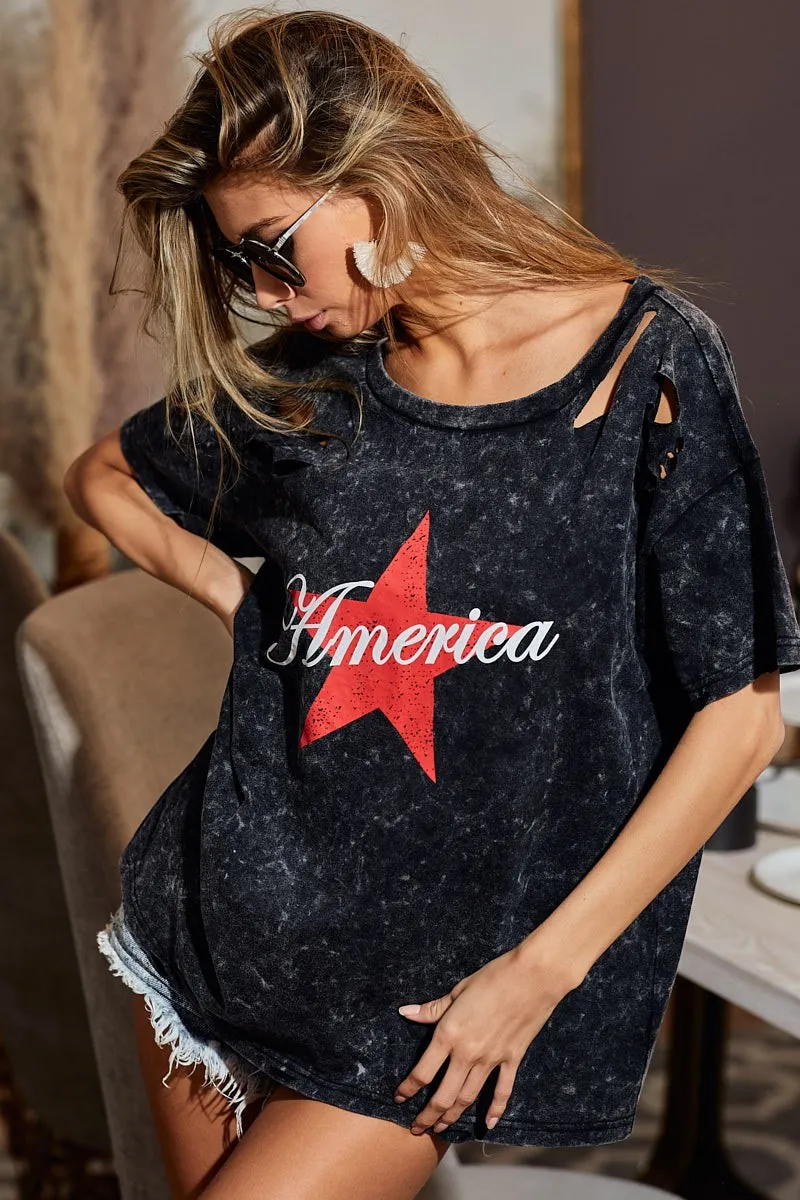 Laser Cut Mineral Washed Jersey Top with America, image 2