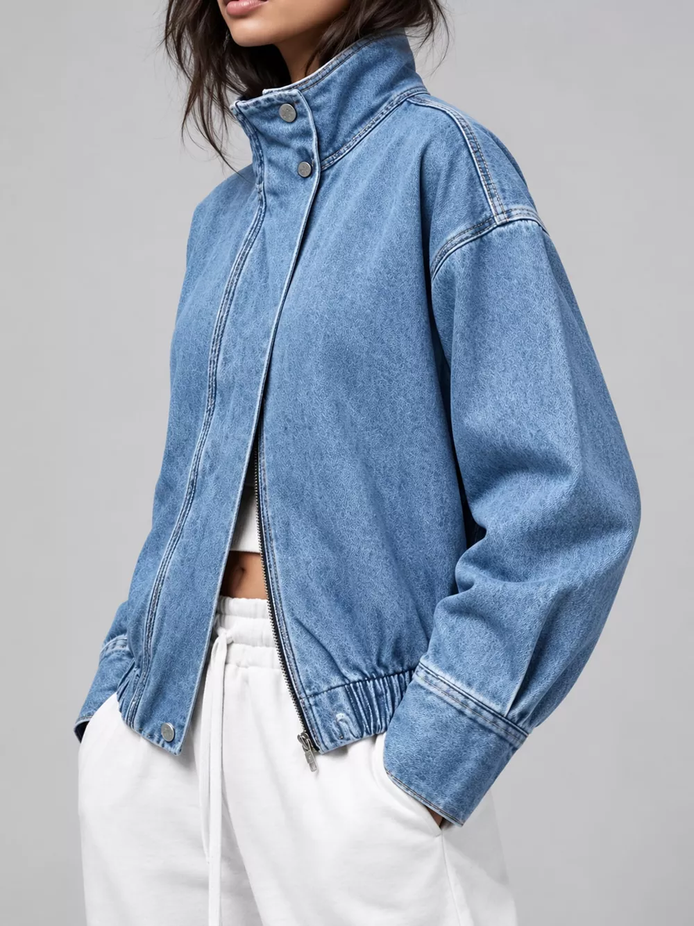 Stand-Collar Zip-Up Denim Jacket, image 6