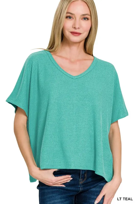 Ribbed V-Neck Short-Sleeve Knit Top