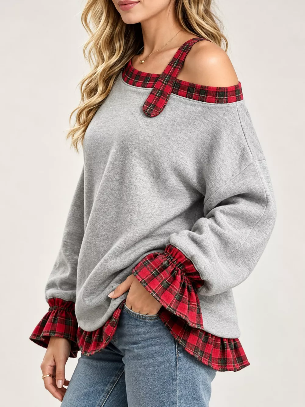 Full Size Plaid Ruffled Hem Asymmetrical Neck Sweatshirt Plus Size, image 6