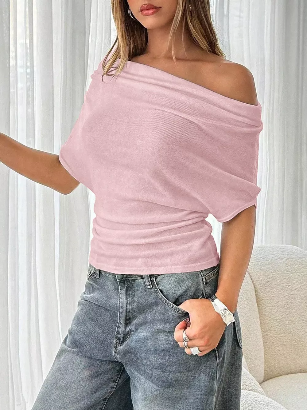 Off-Shoulder Ruched Knit T-Shirt, image 4