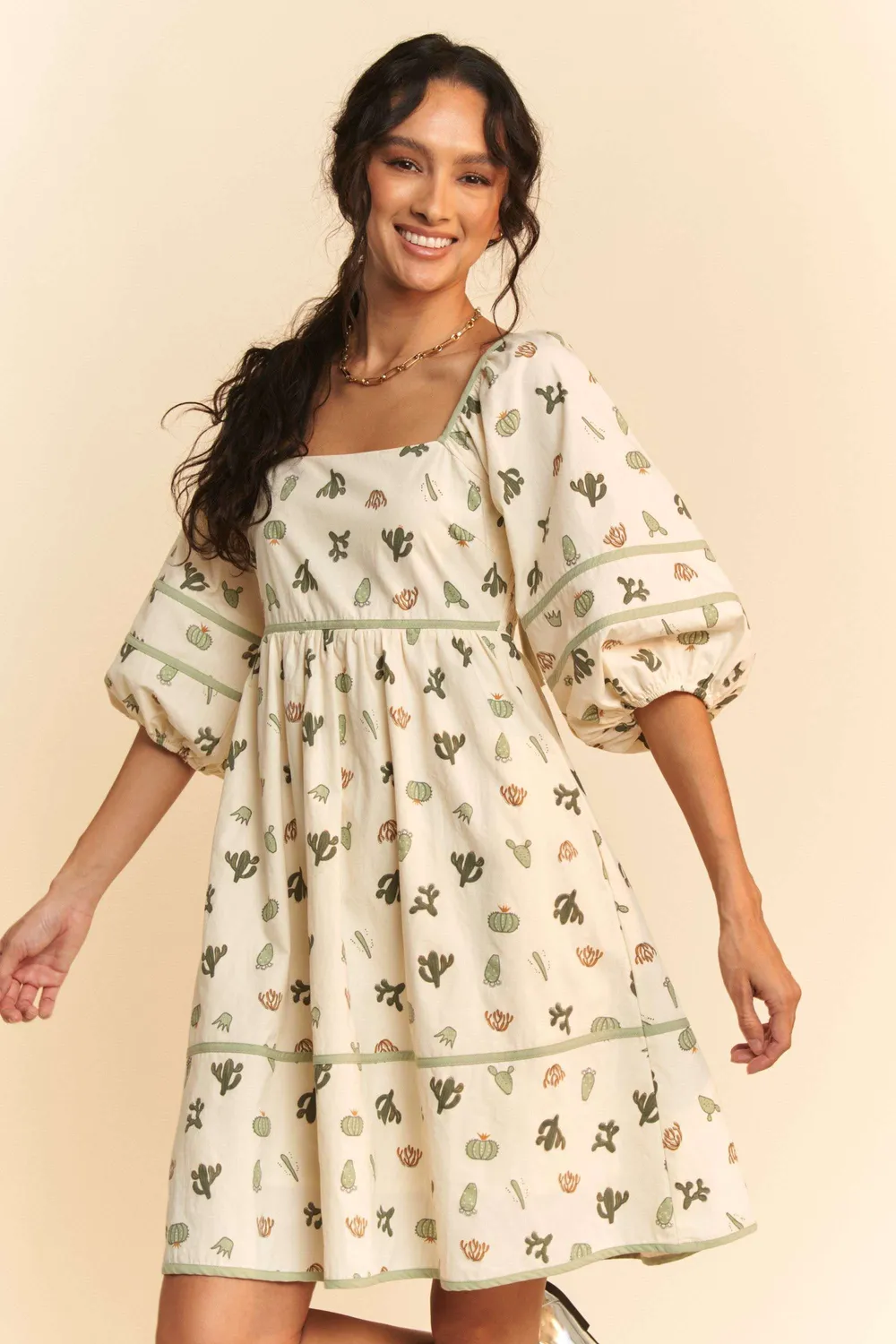 Cactus Printed Poplin Contrast Piping Mini Dress, image 4