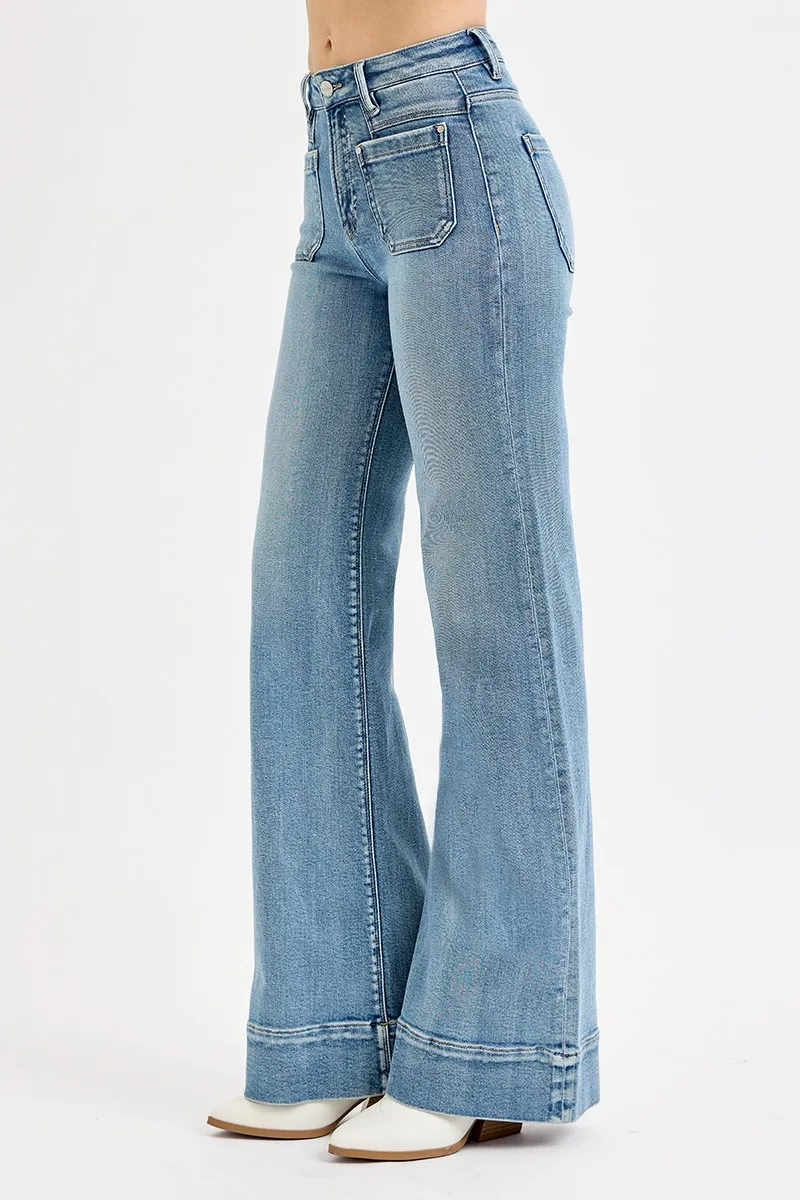 Full Size High Rise Wide Flare Patch Pocket Jeans Plus Size, image 4