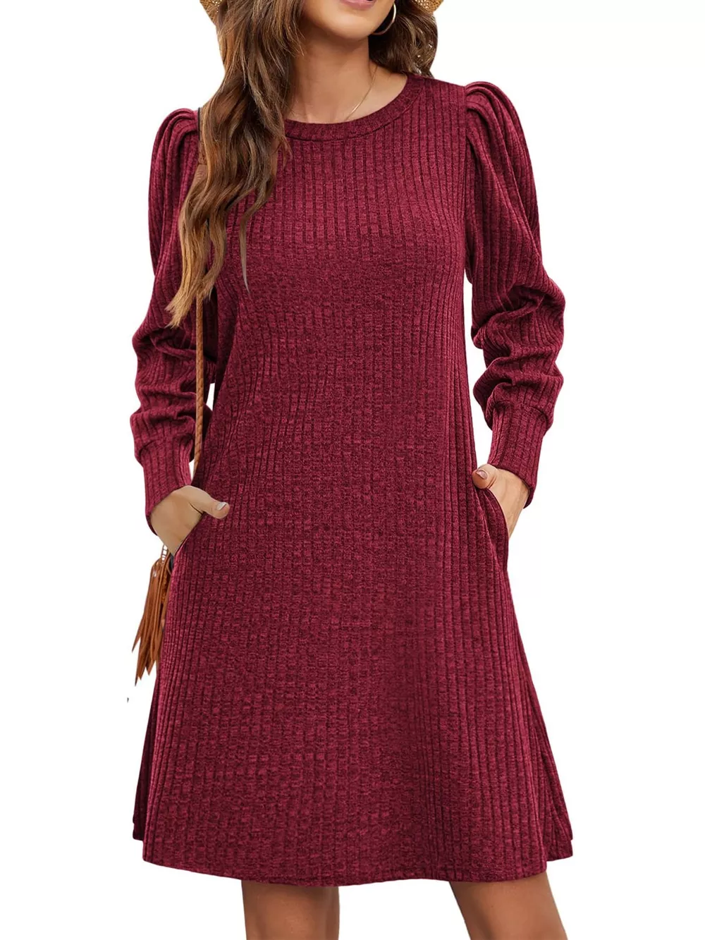 Puff Sleeve Ribbed Knit Dress with Pockets, image 10