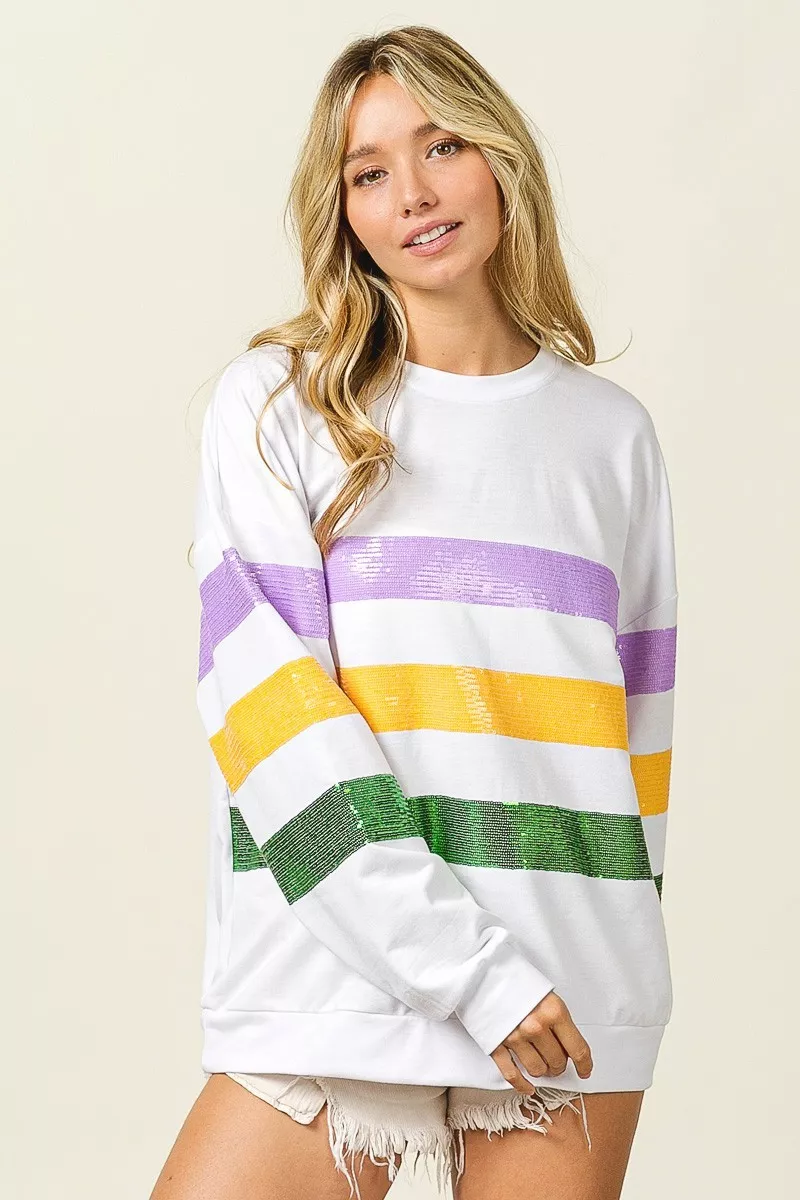 Sequin Mardi Gras Striped Round Neck Sweatshirt, image 14