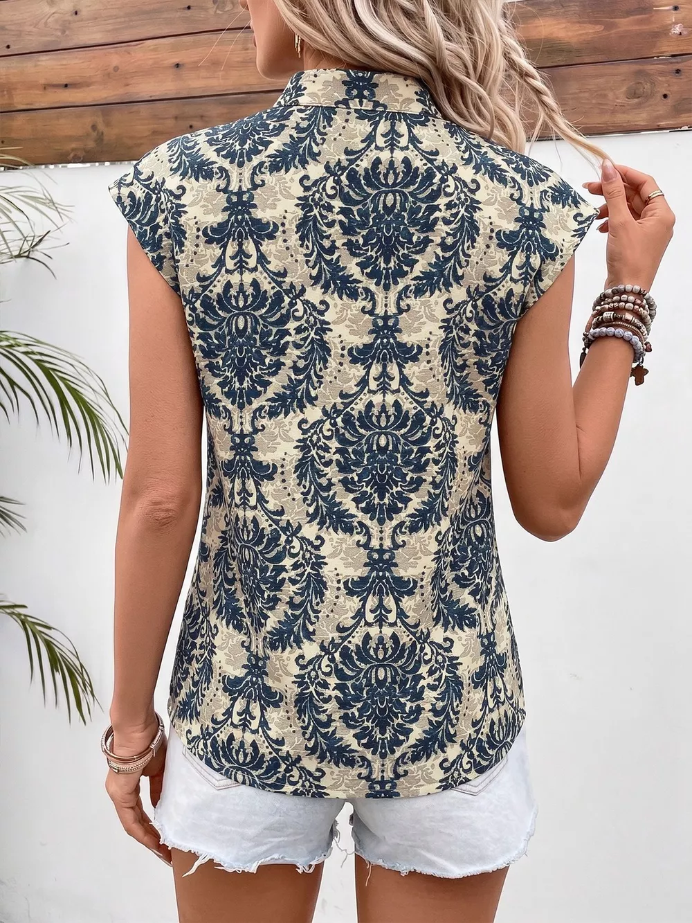 Damask Print Cap Sleeve Blouse, image 6