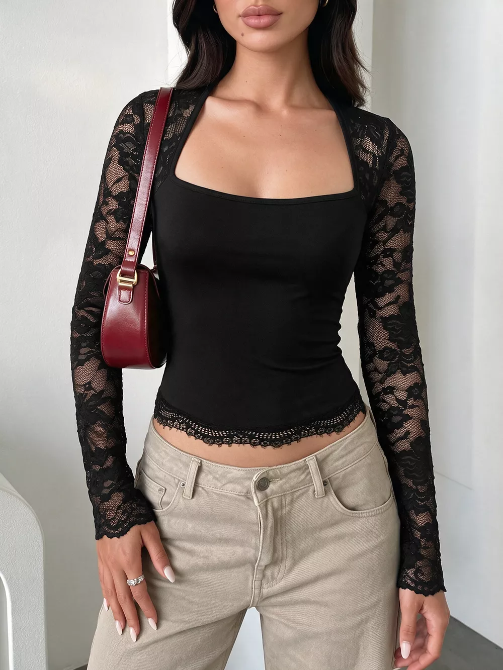 Lace Sleeve Square Neck Top, image 5