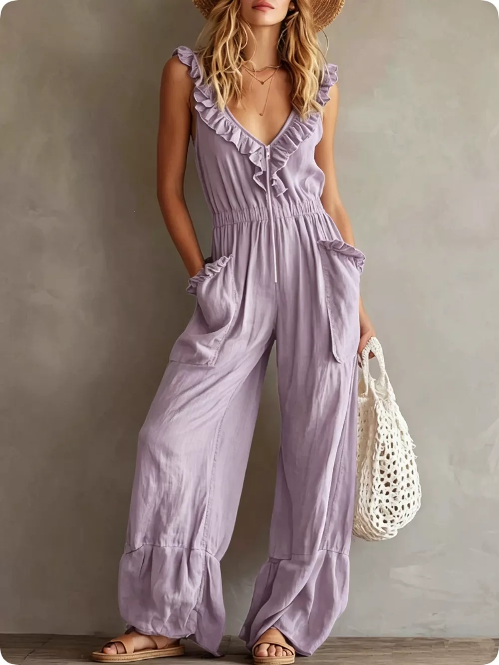 Ruffled V-Neck Wide Leg Jumpsuit, image 3