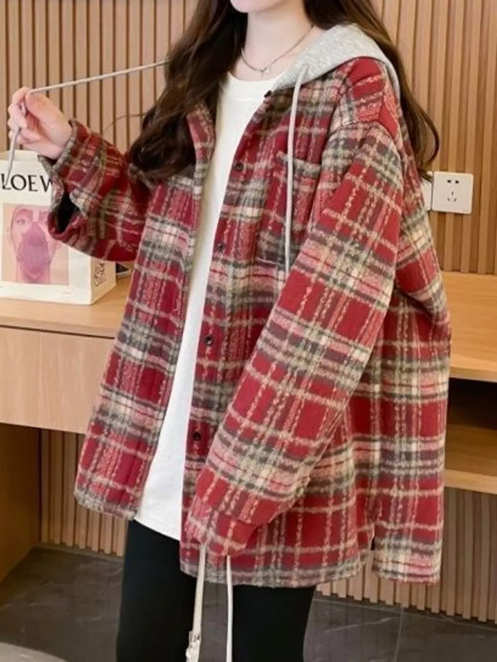 Plaid Button Up Hooded Shacket, image 2