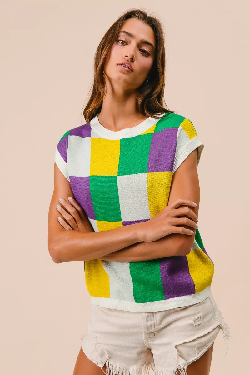 Mardi Gras Checker Pattern Sleeveless Sweater Top, image 15