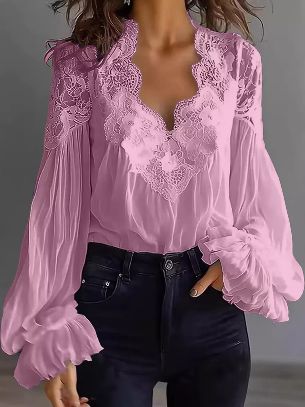 Full Size Lace V-Neck Flounce Sleeve Blouse Plus Size, image 28
