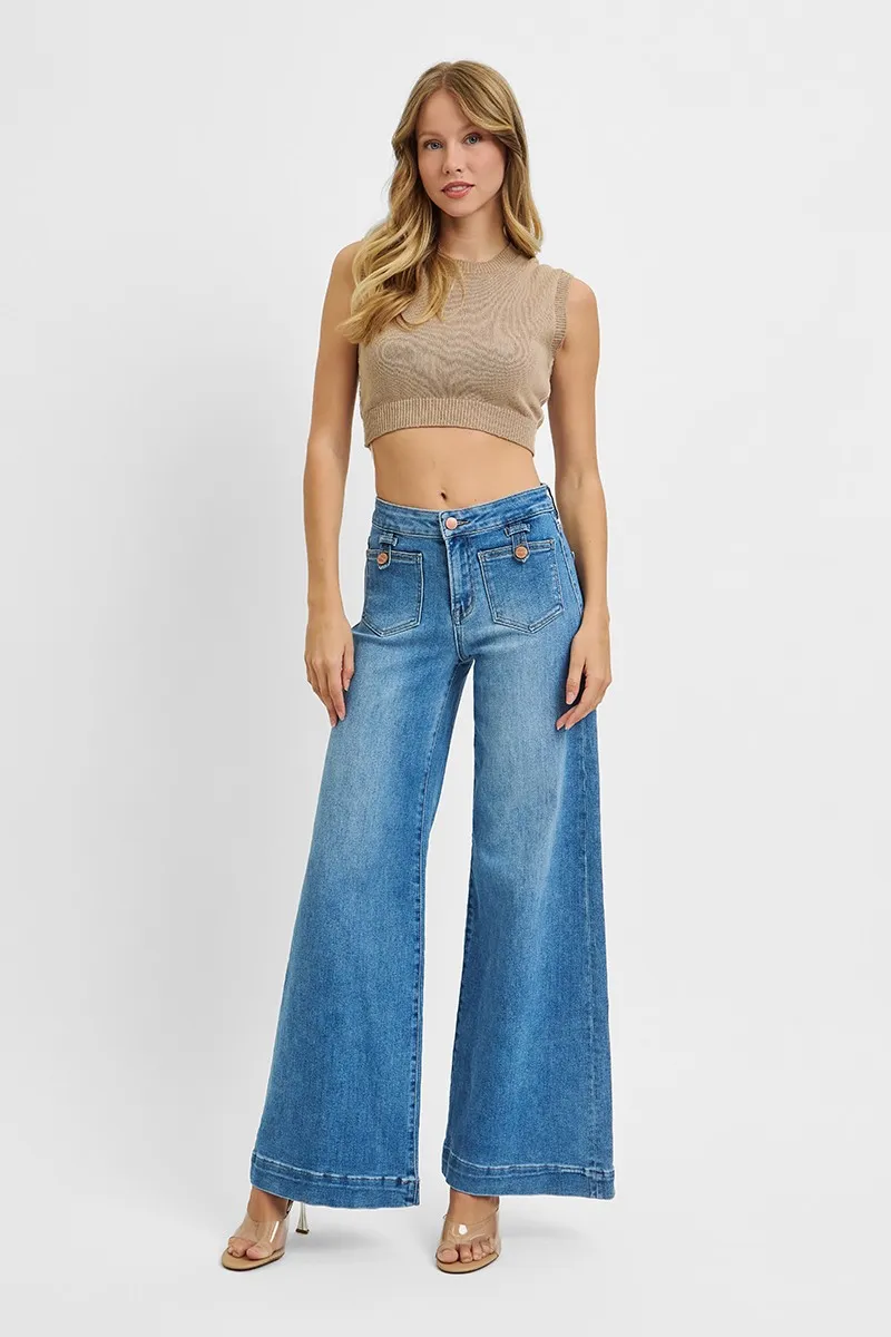 Full Size Mid Rise Wide Front Patch Pocket Jeans Plus Size, image 3