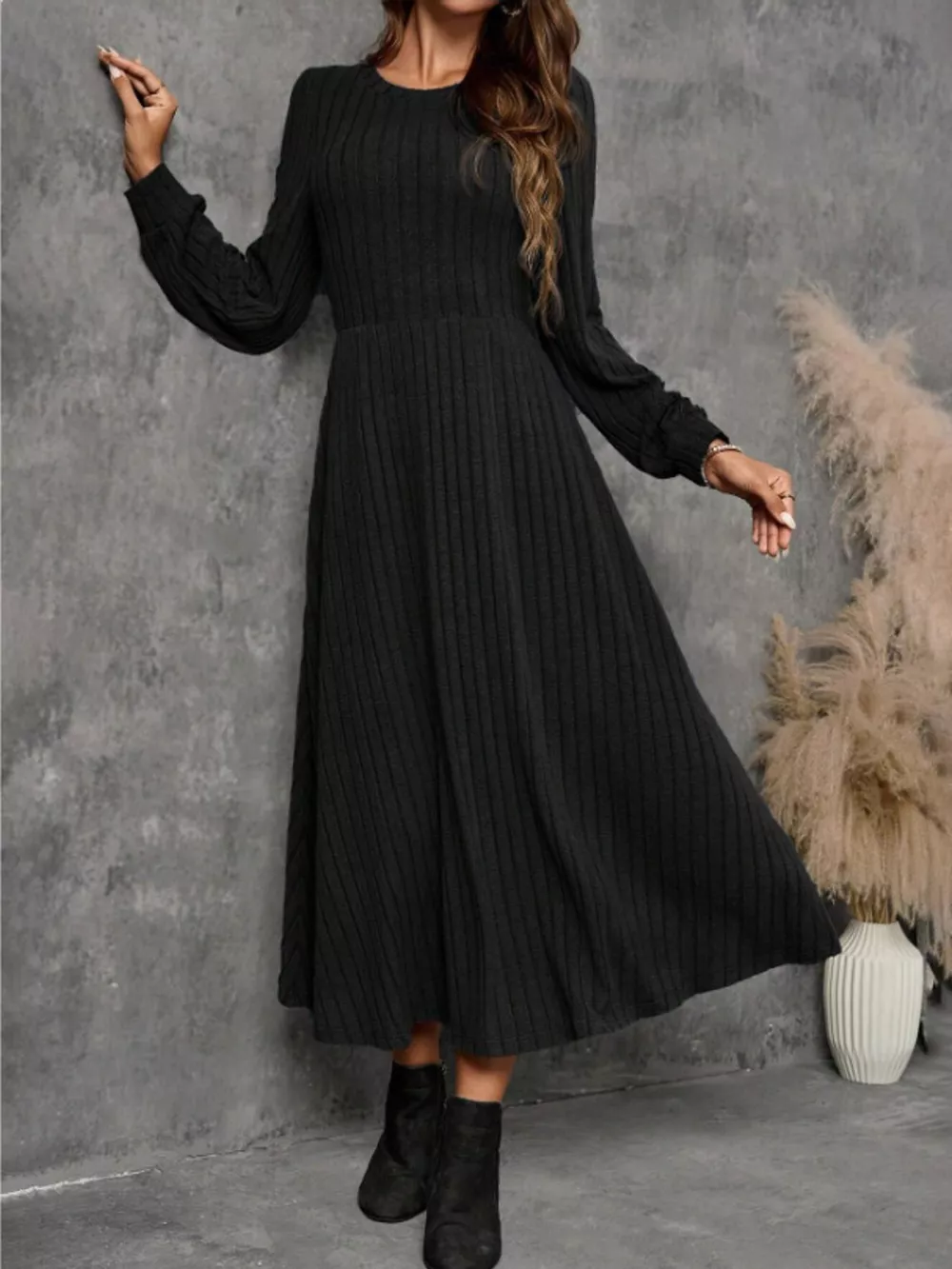 Ribbed Knit Long Sleeve A-Line Midi Dress, image 3