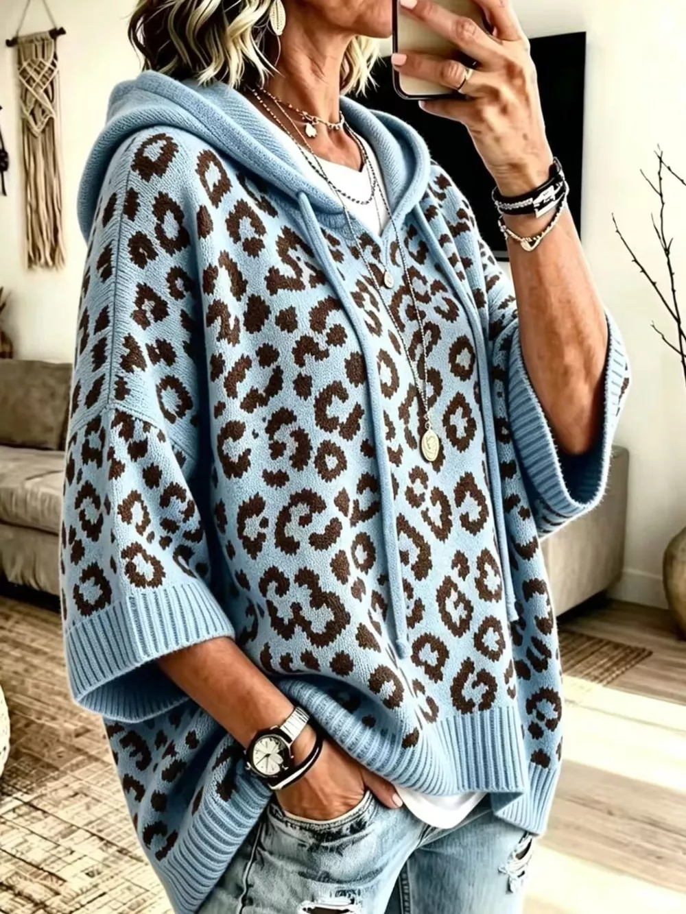 Full Size Leopard Print Hooded Knit Sweater Plus Size, image 4