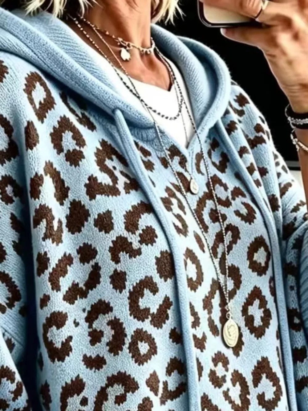 Full Size Leopard Print Hooded Knit Sweater Plus Size, image 7