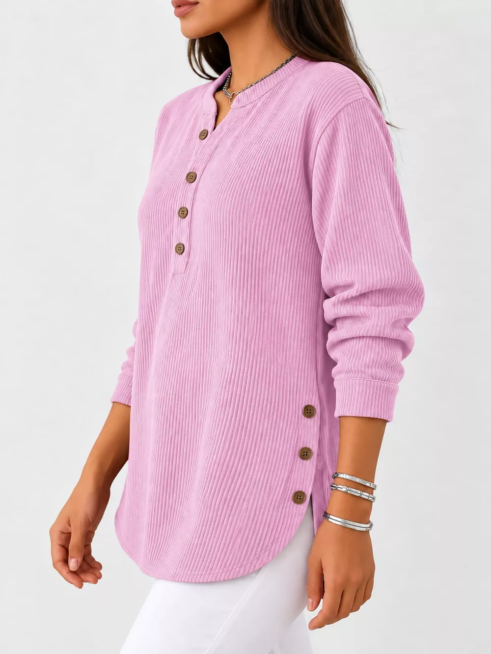 Full Size Button Detail Long Sleeve Top Plus Size, image 34