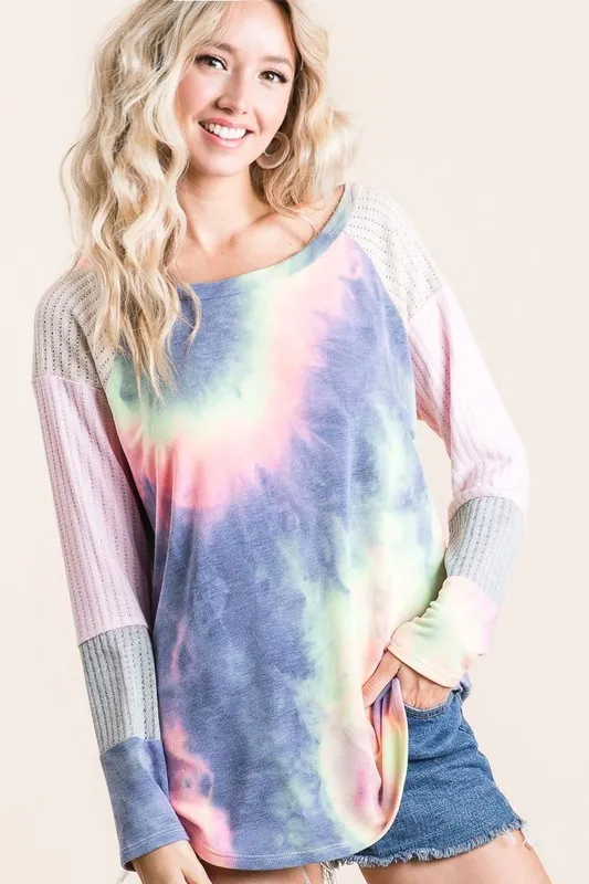 Tie Dye Terry Top With Color Block Pointelle Knit, image 2