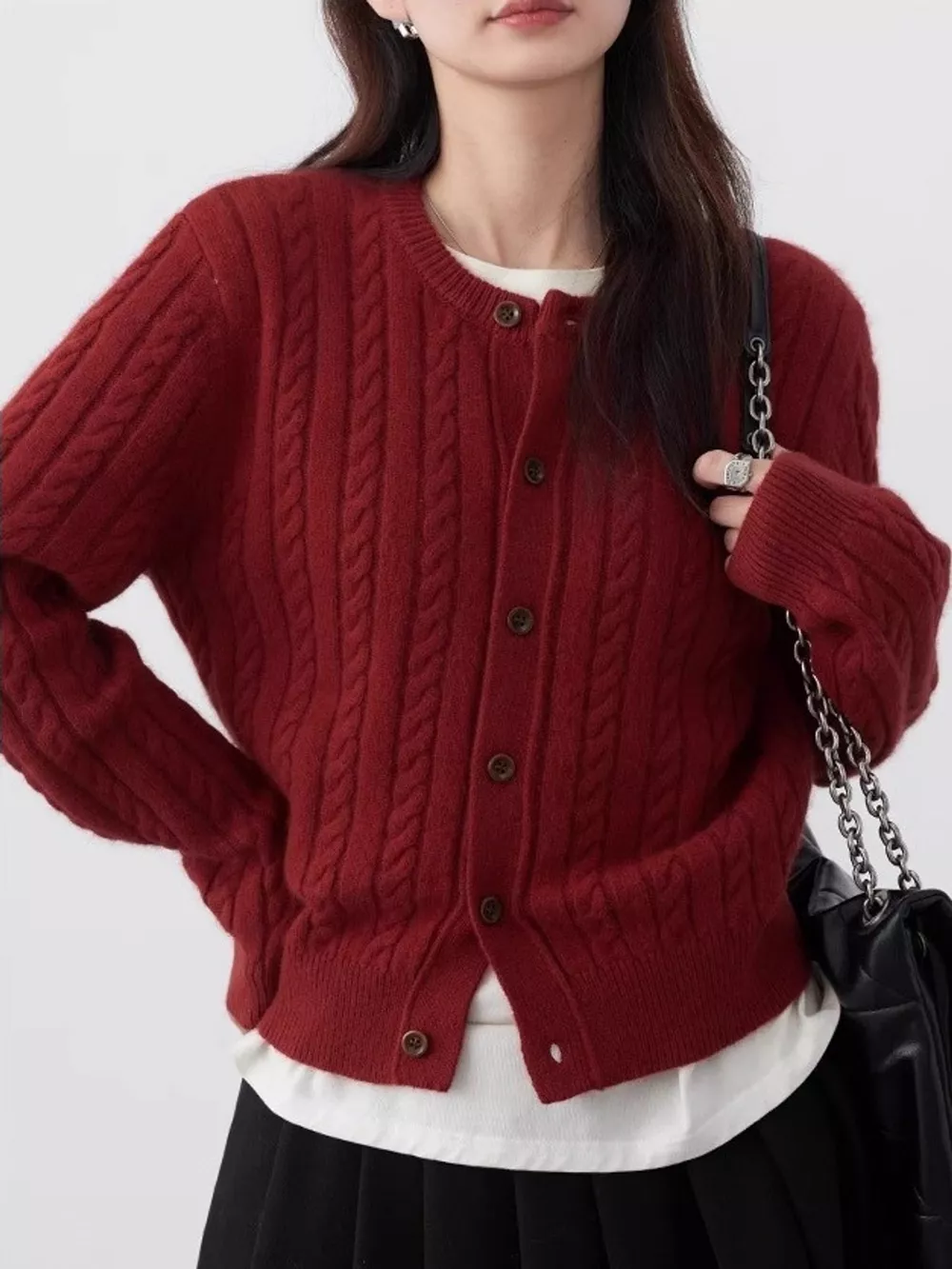 Cable-Knit Button-Down Cardigan, image 3