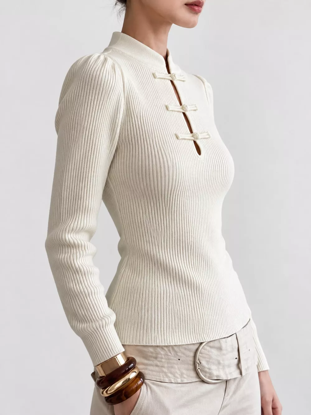 Chinese-Style Button Ribbed Knit Top, image 3