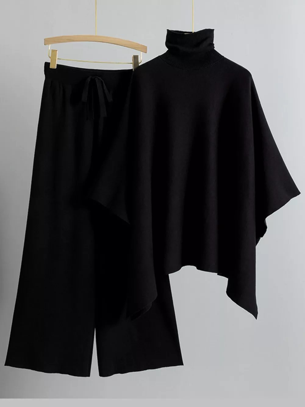 Elegant Turtleneck Poncho Sweater and Wide-Leg Knit Pants Set, image 9