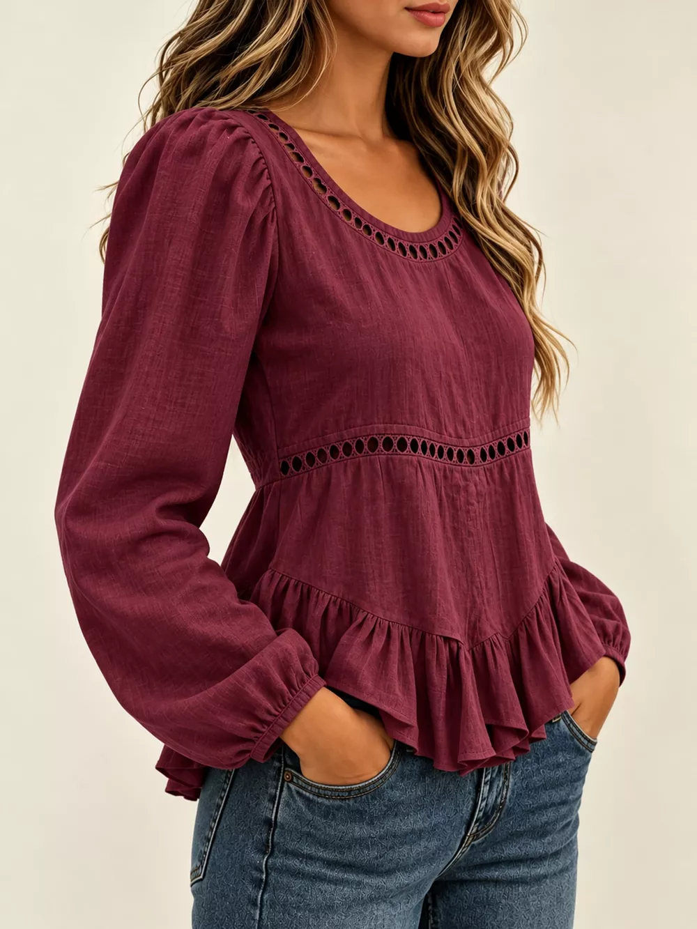 Long Sleeve Blouse with Eyelet Lace Trim and Ruffled Hem, image 14