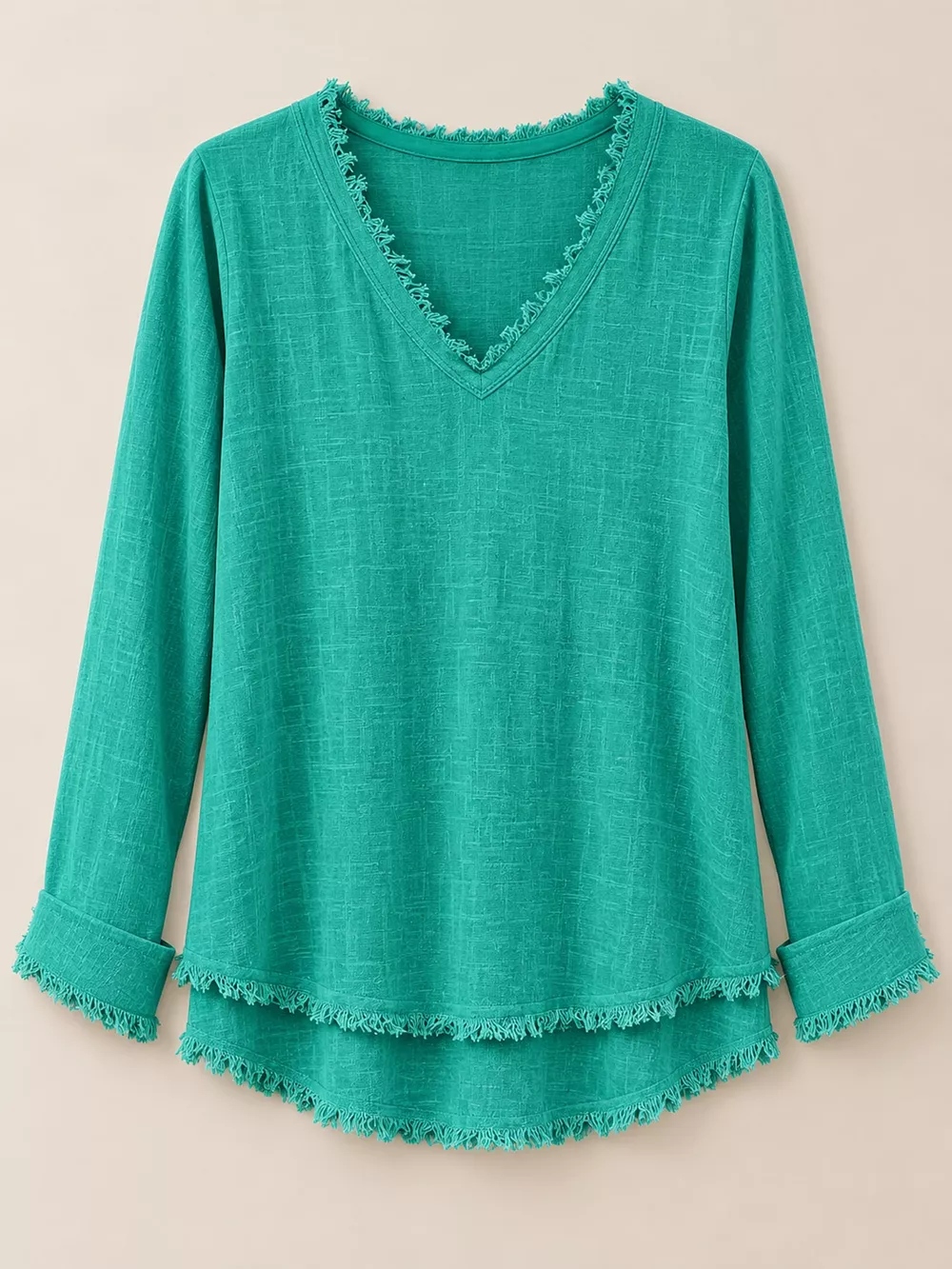 Full Size Frayed Hem V-Neck Blouse Plus Size, image 49