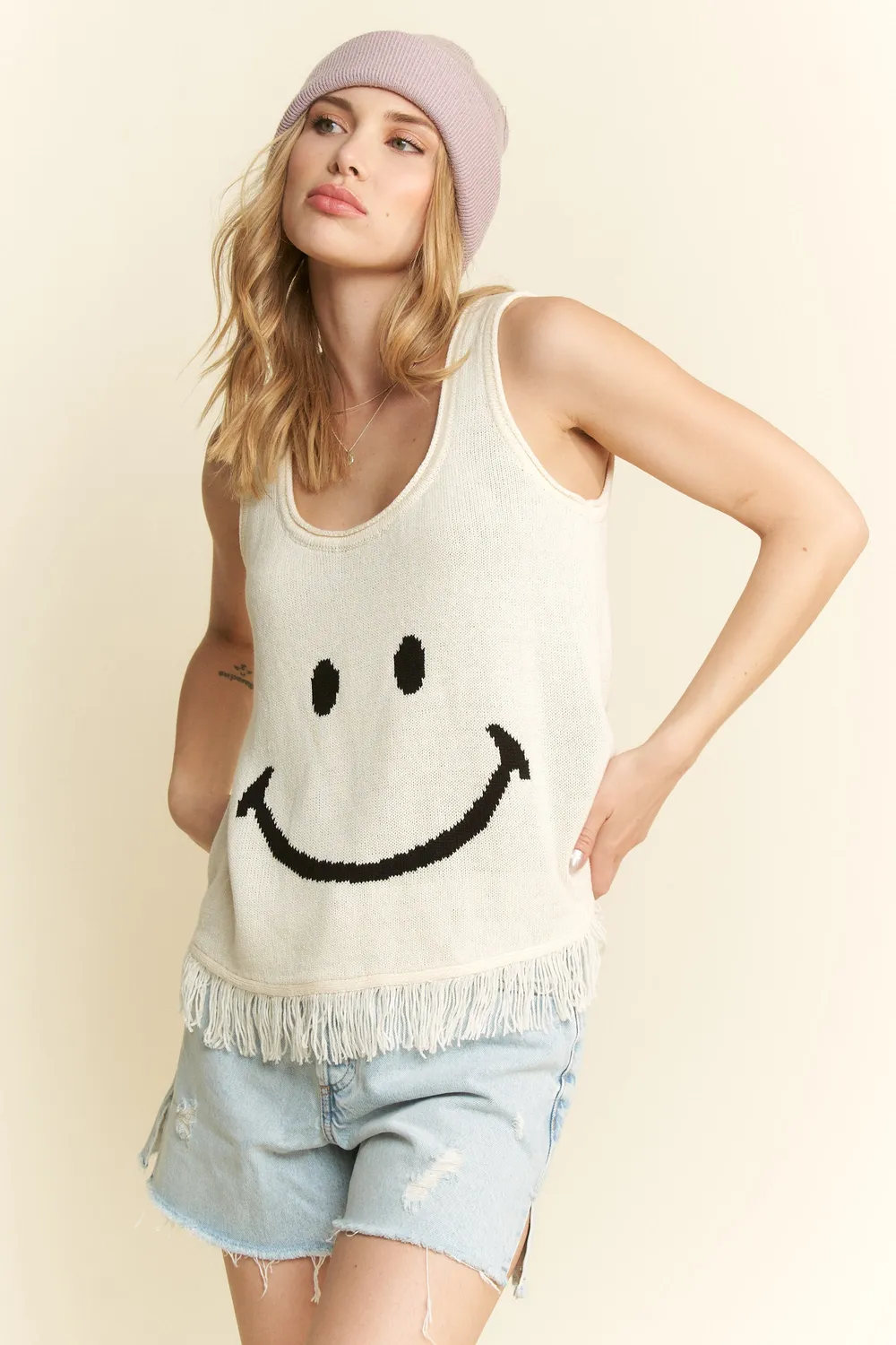 Full Size Smiley Fringe Hem Tank Plus Size, image 3