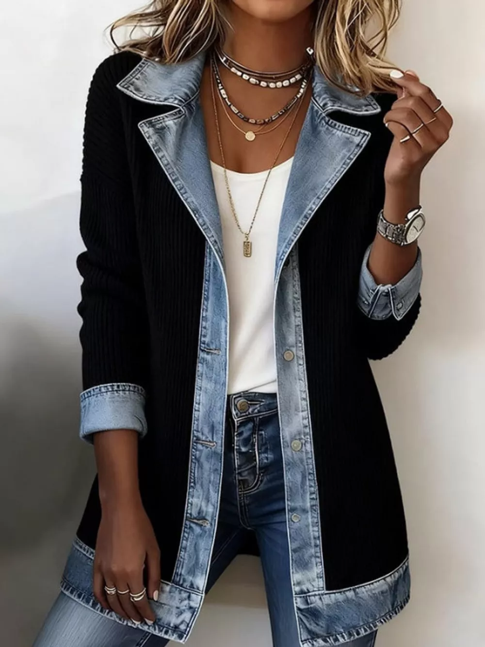 Full Size Denim Trim Ribbed Knit Cardigan Plus Size