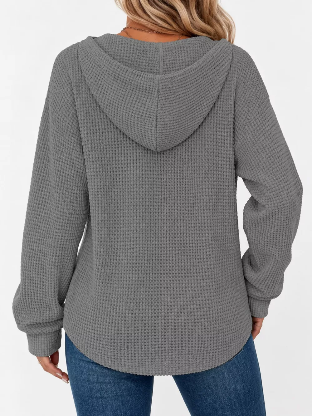 Full Size Waffle Knit Button Detail Hoodie Plus Size, image 34
