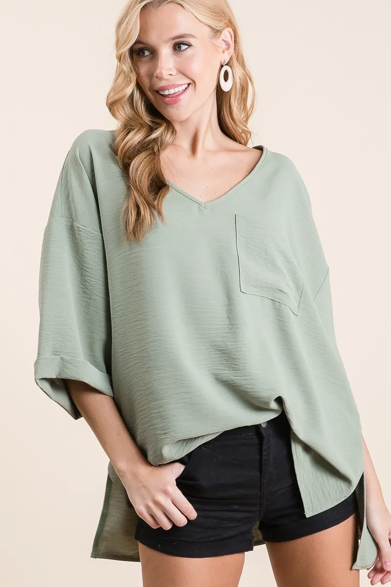 Flowy Woven V-Neck Top with Rolled Up Cuffs