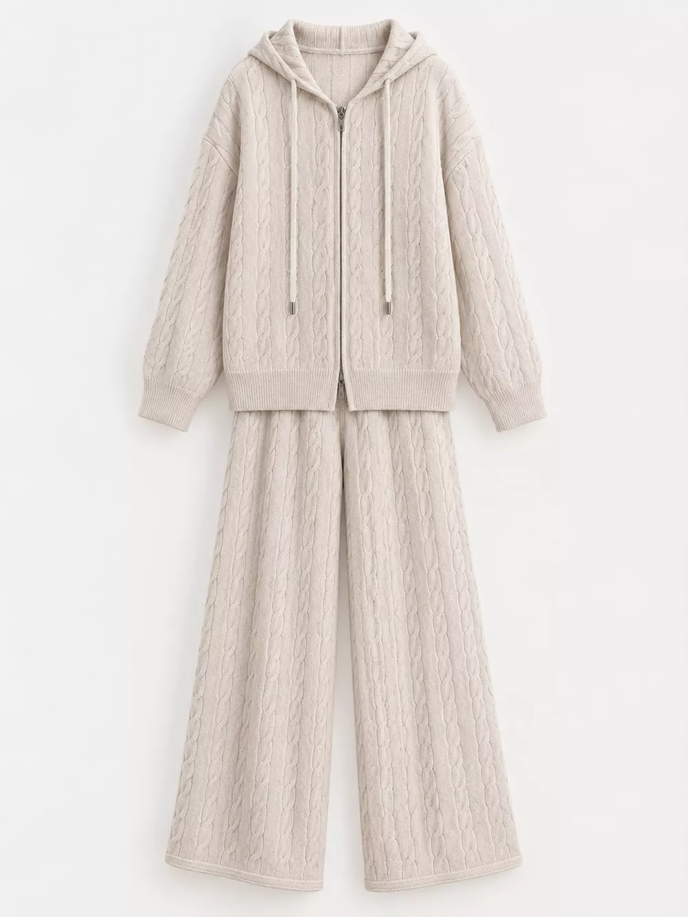 Cable Knit Zip-Up Hooded Cardigan and Wide-Leg Pants Sweater Set, image 13