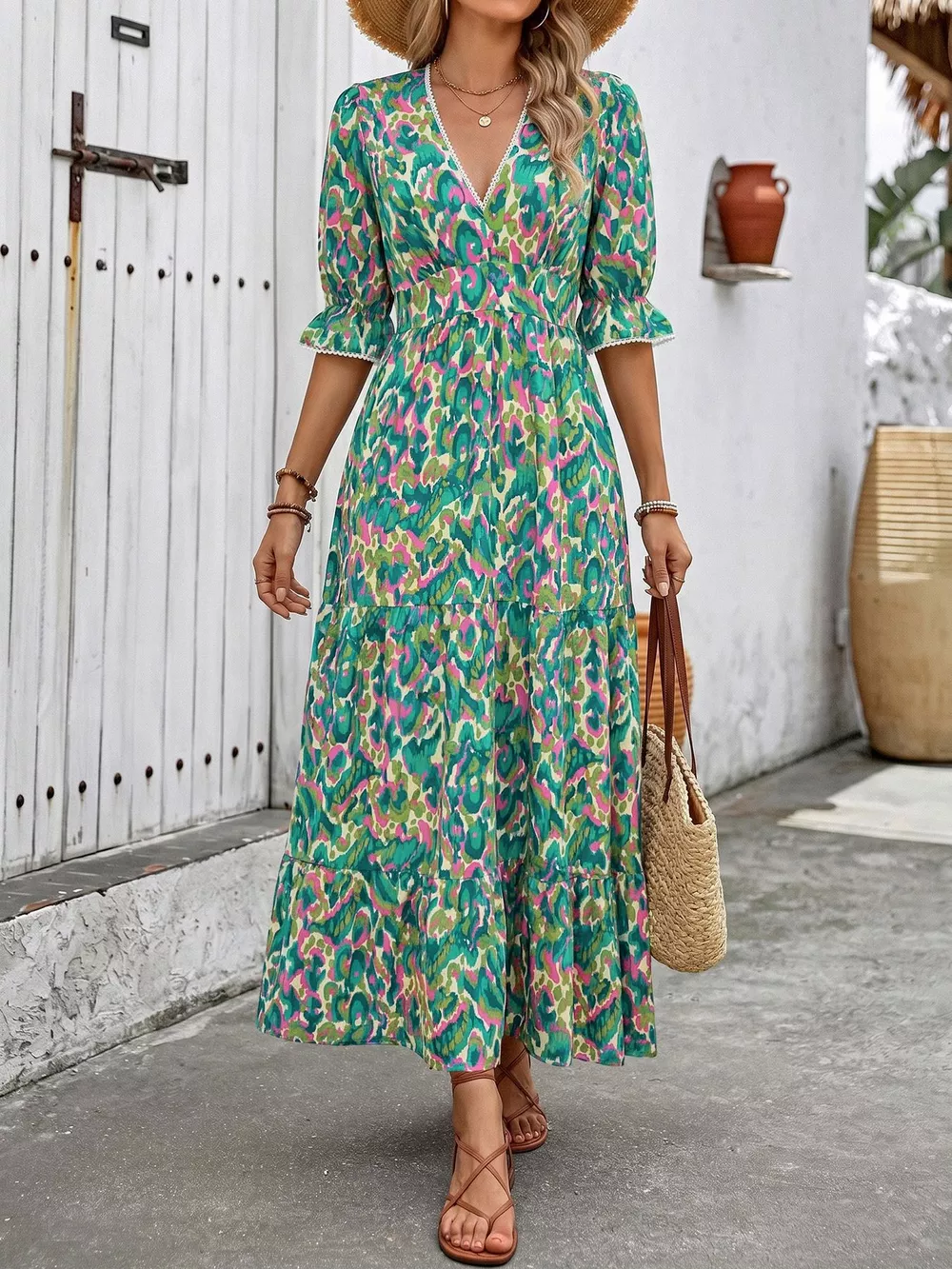 Printed V-Neck Flounce Sleeve Dress, image 2