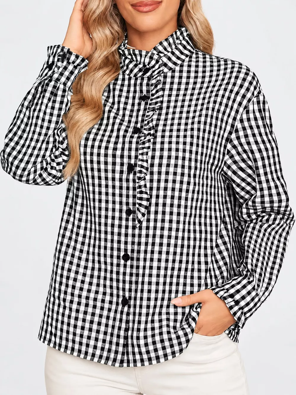 Gingham Ruffle Trim Stand Collar Shirt, image 15