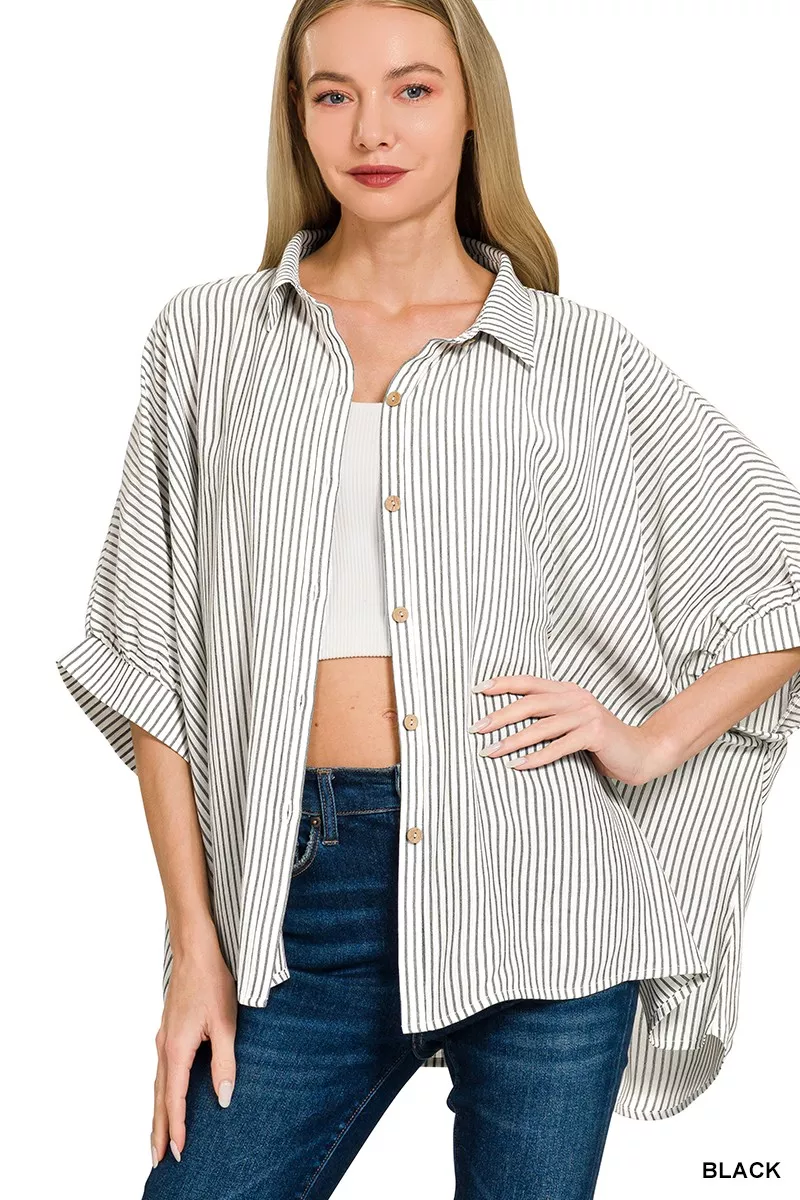 Full Size Woven Stripe Button Down Boxy Shirt Plus Size, image 5