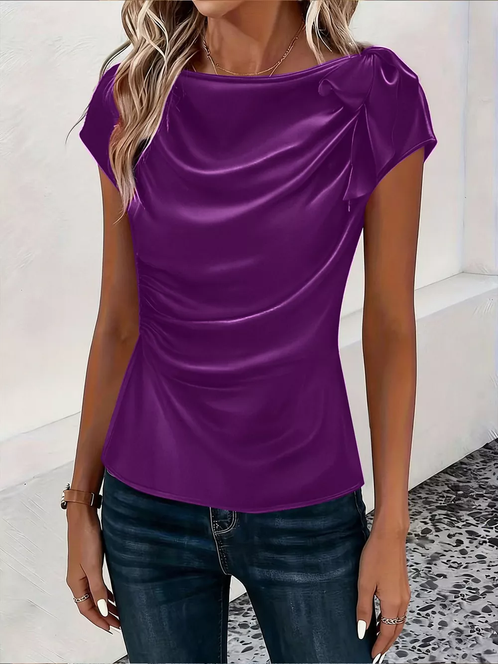 Ruched Short Sleeve Satin Top, image 7