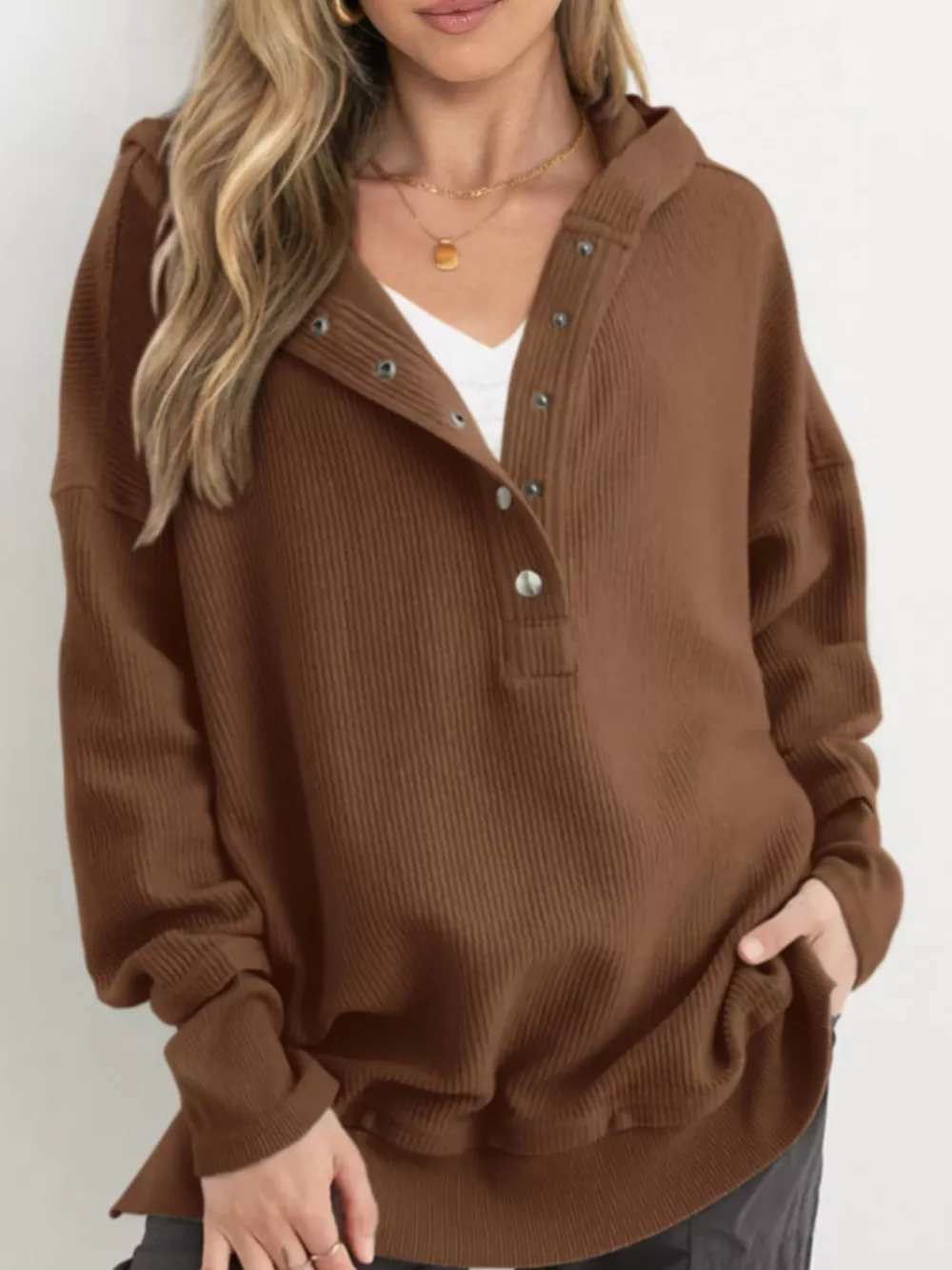 Full Size Snap Button Placket Dropped Shoulder Hoodie Plus Size, image 33