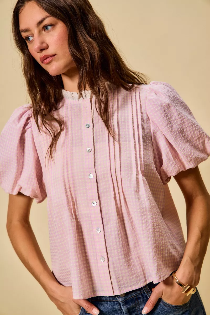 Gingham Lace Trim Button Bubble Sleeves Blouse, image 12