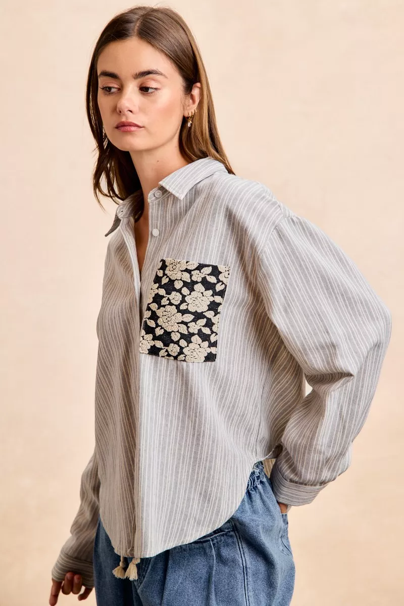 Flower Jacquard Knit Patch Pocket Stripe Shirt, image 14