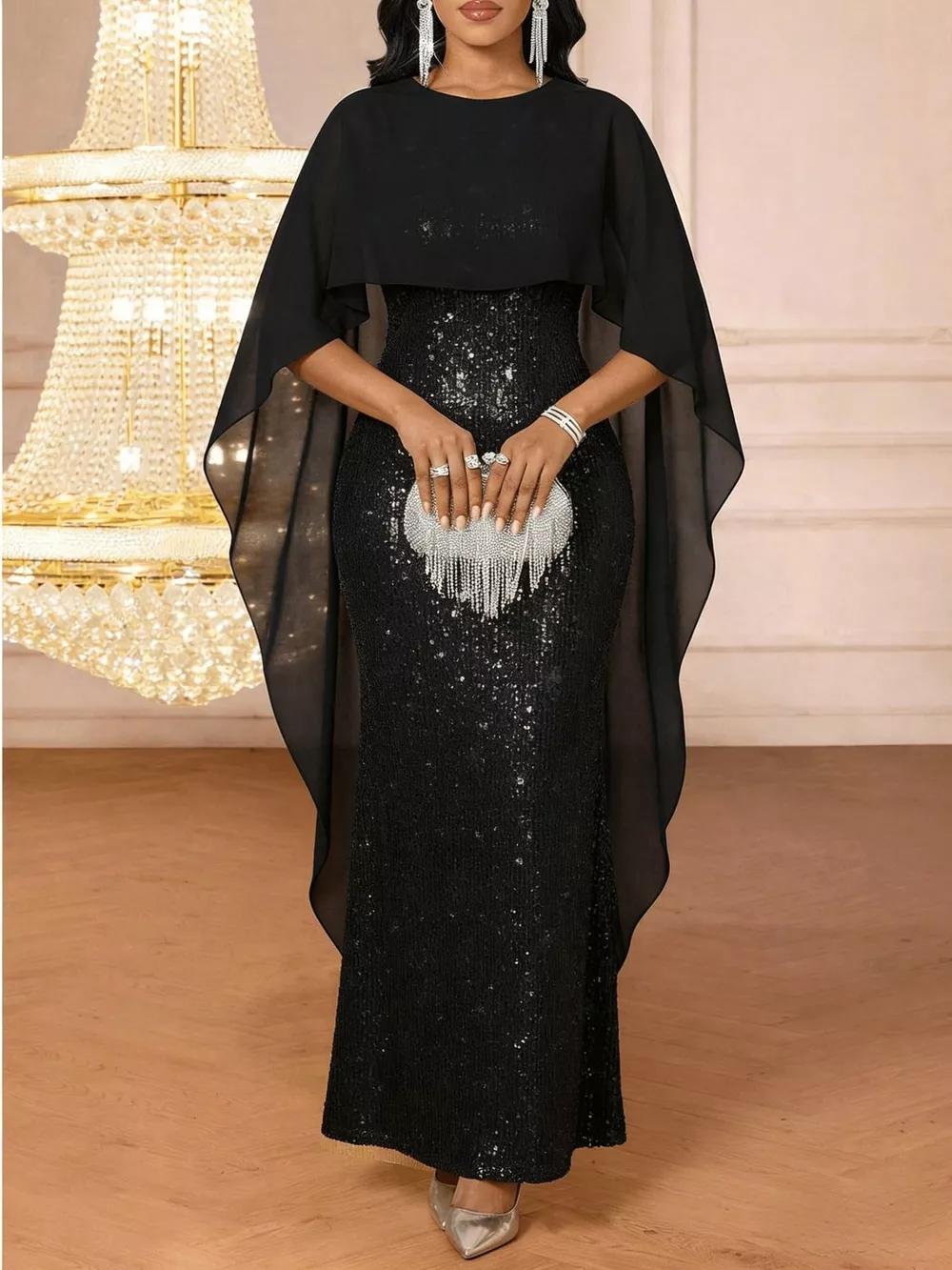 Sequin Cape Overlay Evening Dress, image 9