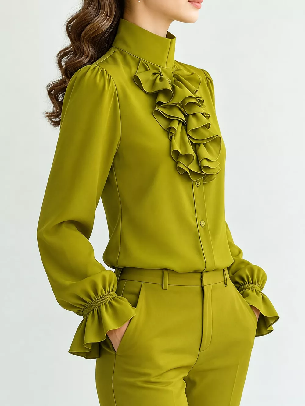 Ruffled Stand-Collar Blouse with Long Lantern Sleeves, image 10