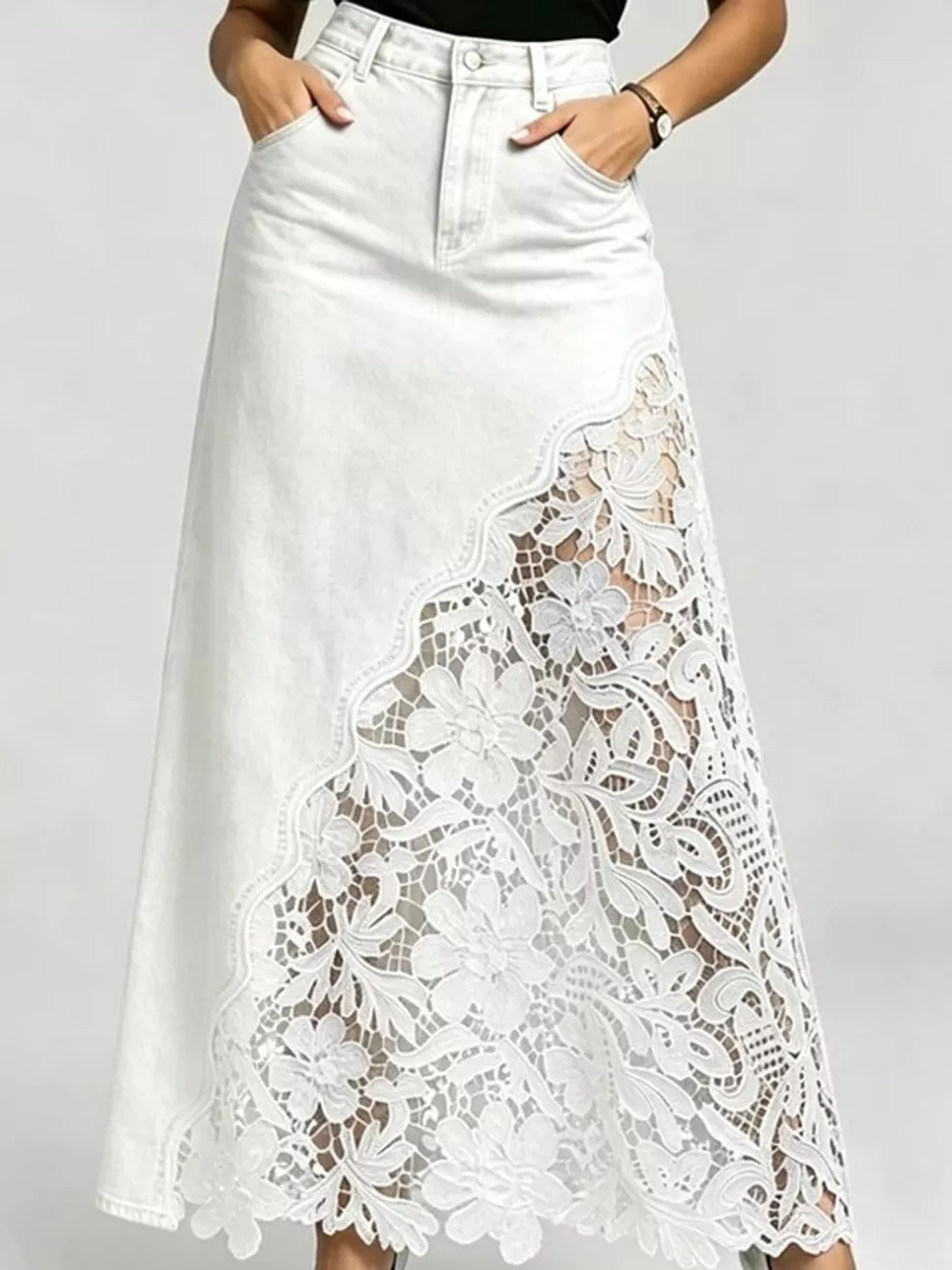 Full Size High-Waisted Lace Denim Skirt Plus Size