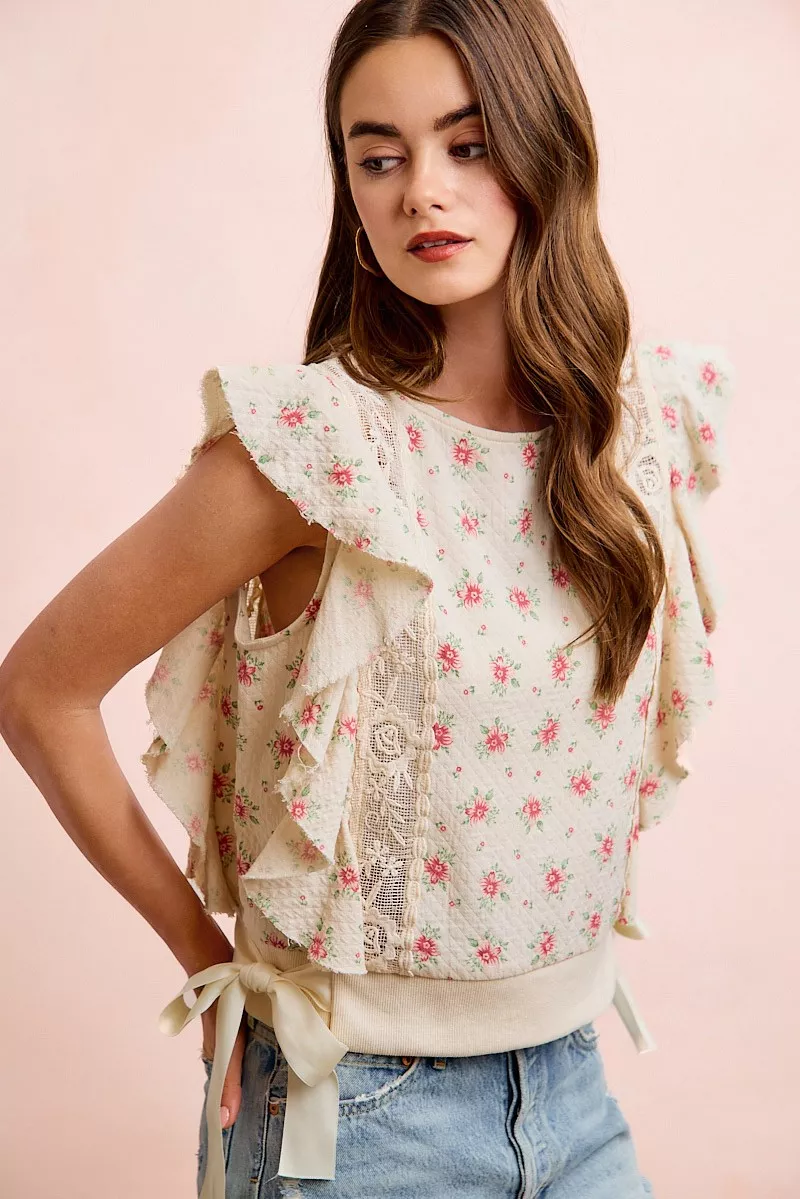 BiBi Flower Printed Ruffle Sleeve Trim Detail Top, image 5