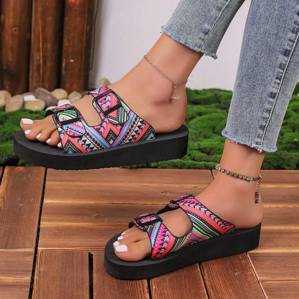 Ethnic Print Double Buckle Sandals, image 2