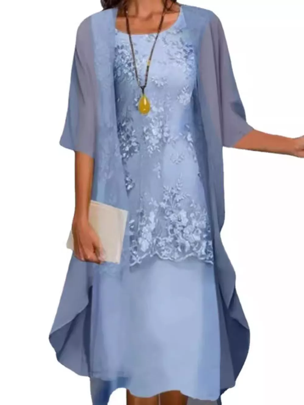 Plus Size Elegant Lace Overlay Dress and Matching Chiffon Cardigan Set, image 7